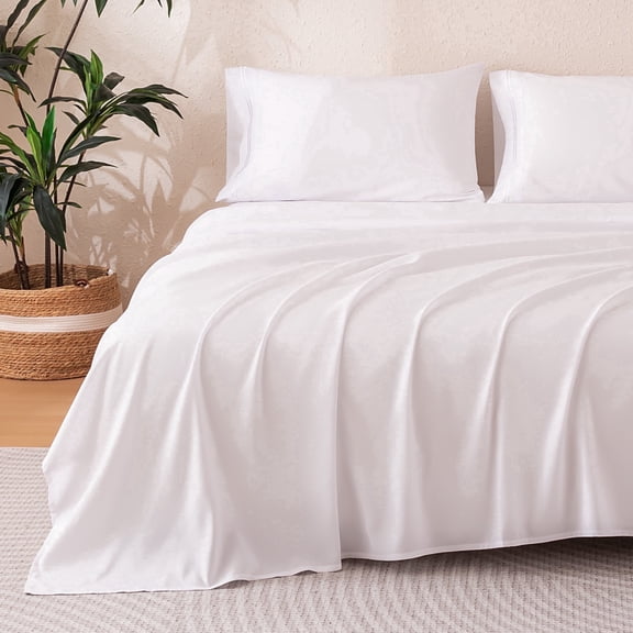 Sonive Minimalist Embroidered Sheet Set Queen, 4 Pieces Breathable Soft Hotel Collection, White