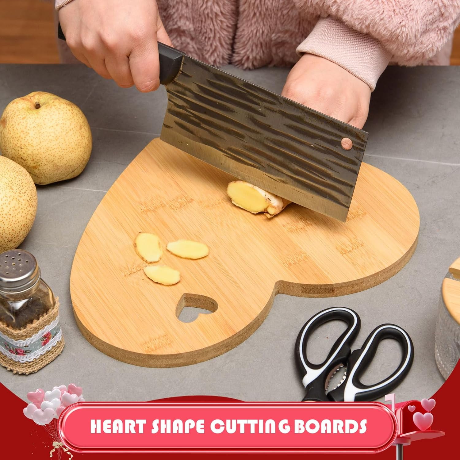 ABPETE Heart Shaped Cutting Board,Valentine's Day Bamboo Charcuterie Board, Bread & Cheese Serving Tray with Heart Hole, Wood Chopping Board for Housewarming & Wedding Gift (12.01x9.45x0.59")