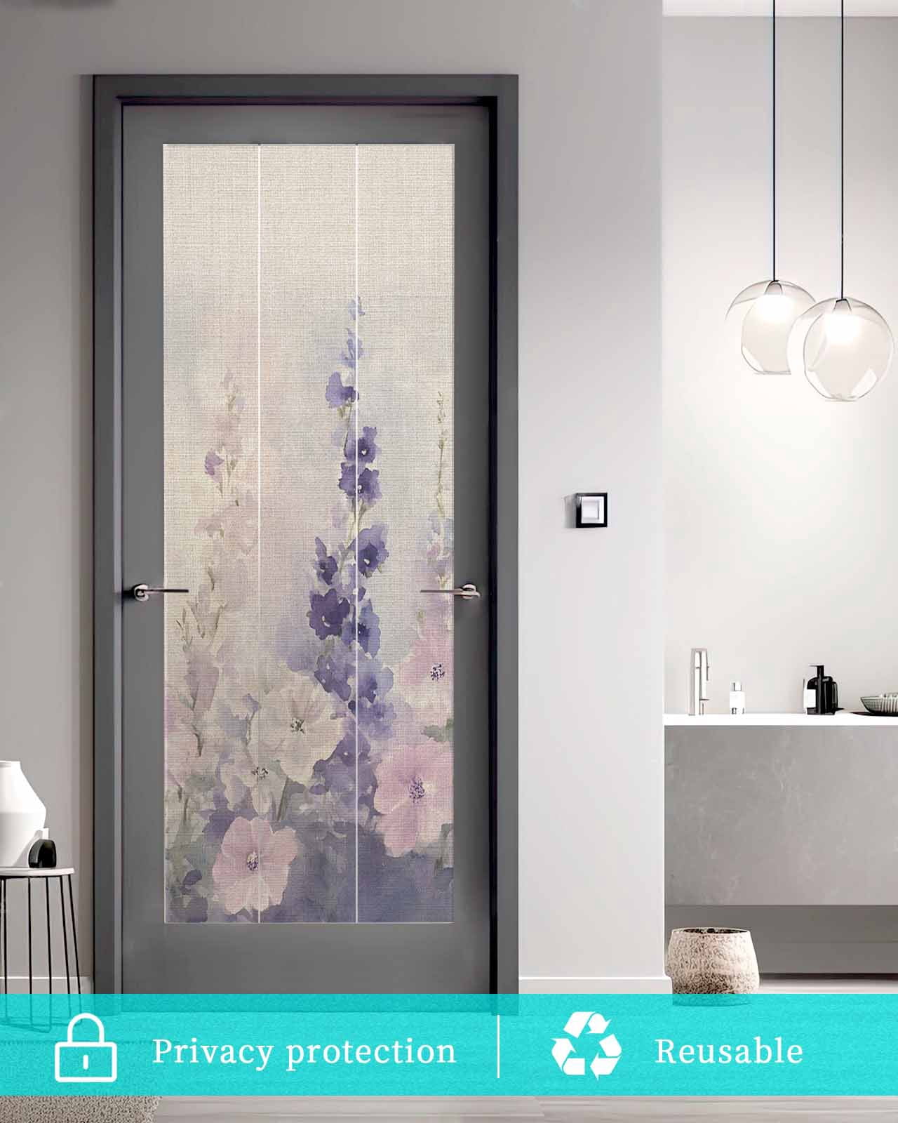 Window Privacy Film Watercolor Lavender Stained Glass Window Film Decorative Sun Block Window Cover Country Spring Field Leaf Wildflower Window Clings Static Adhesive Sticker for Bathroom 23.6"x59"