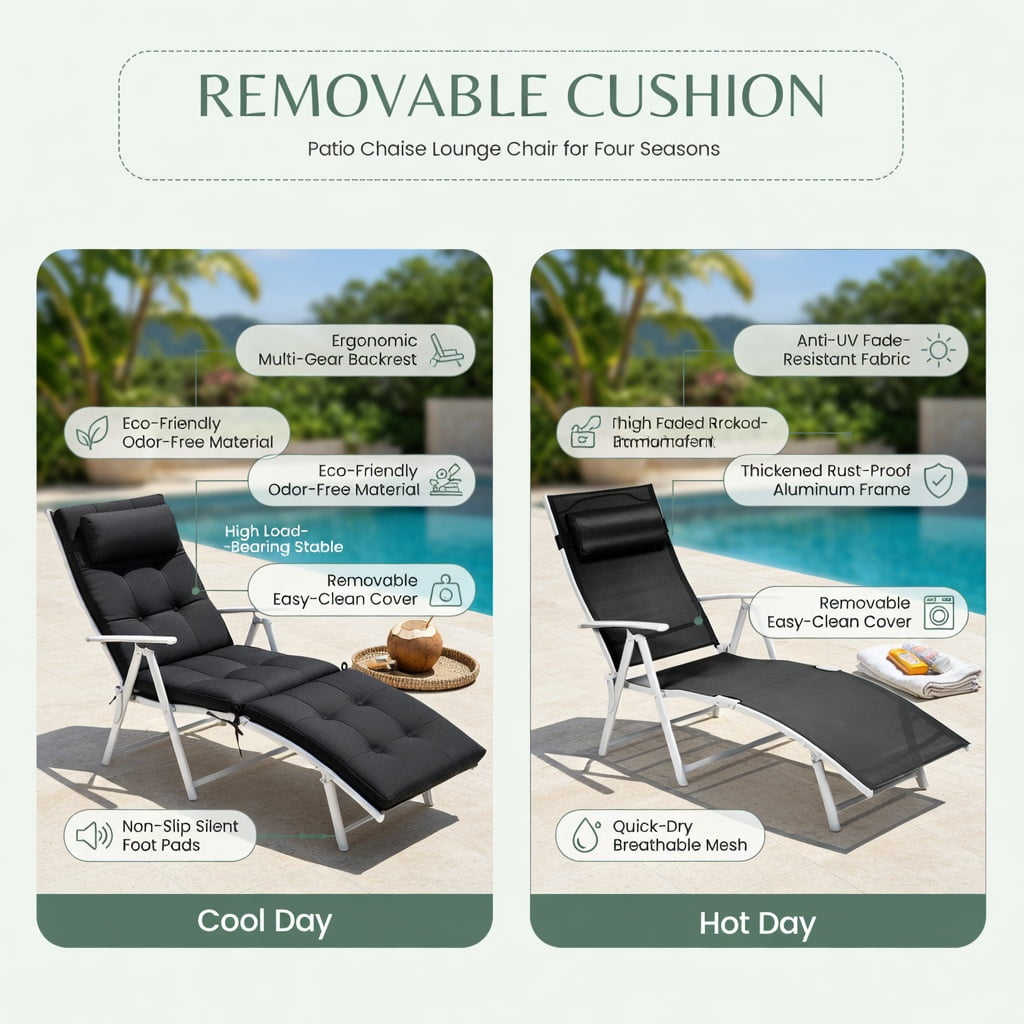 Hommoo Adjustable Folding Chaise Lounge Chair for Outdoor Use, Lightweight Steel Frame, Removable Pillow & Cushion, 7-Position Ergonomic Backrest, Black