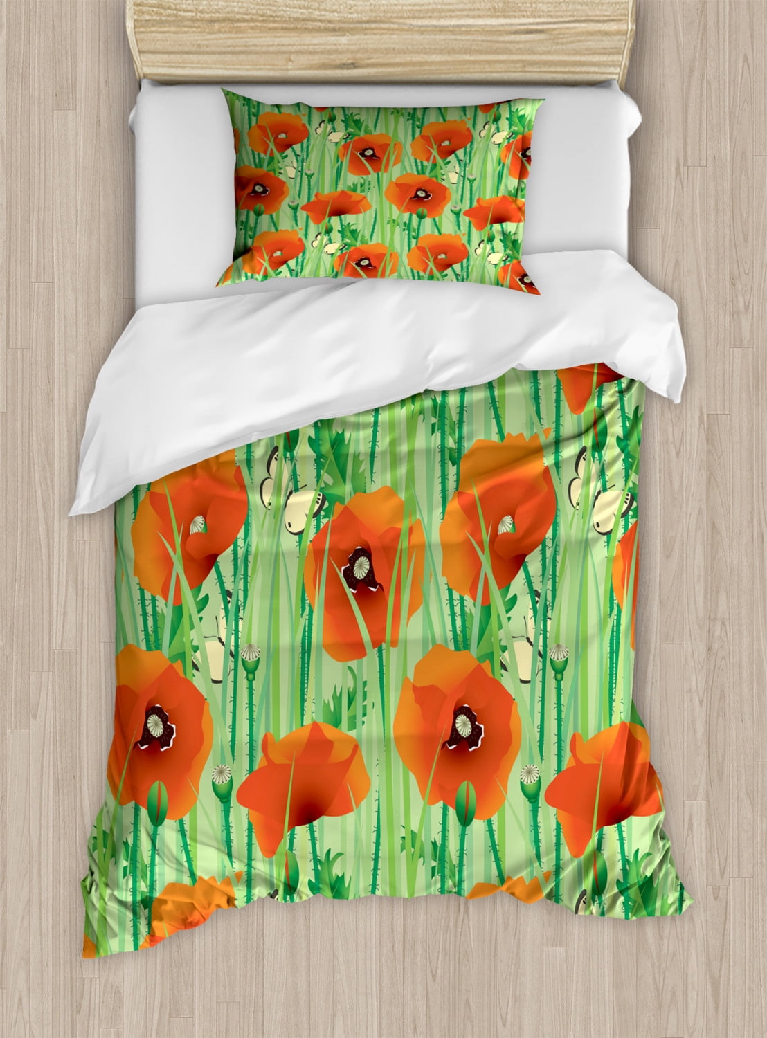 Spring Duvet Cover Set Twin Size, Scarlet Poppy Flowers Field with