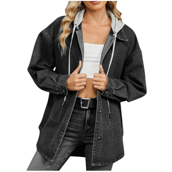 BZGTZT Women's Drawstring Buttons Denim Jacket Casual Long Sleeve Vintage Hooded Jean Jacket Top Coat with Pockets