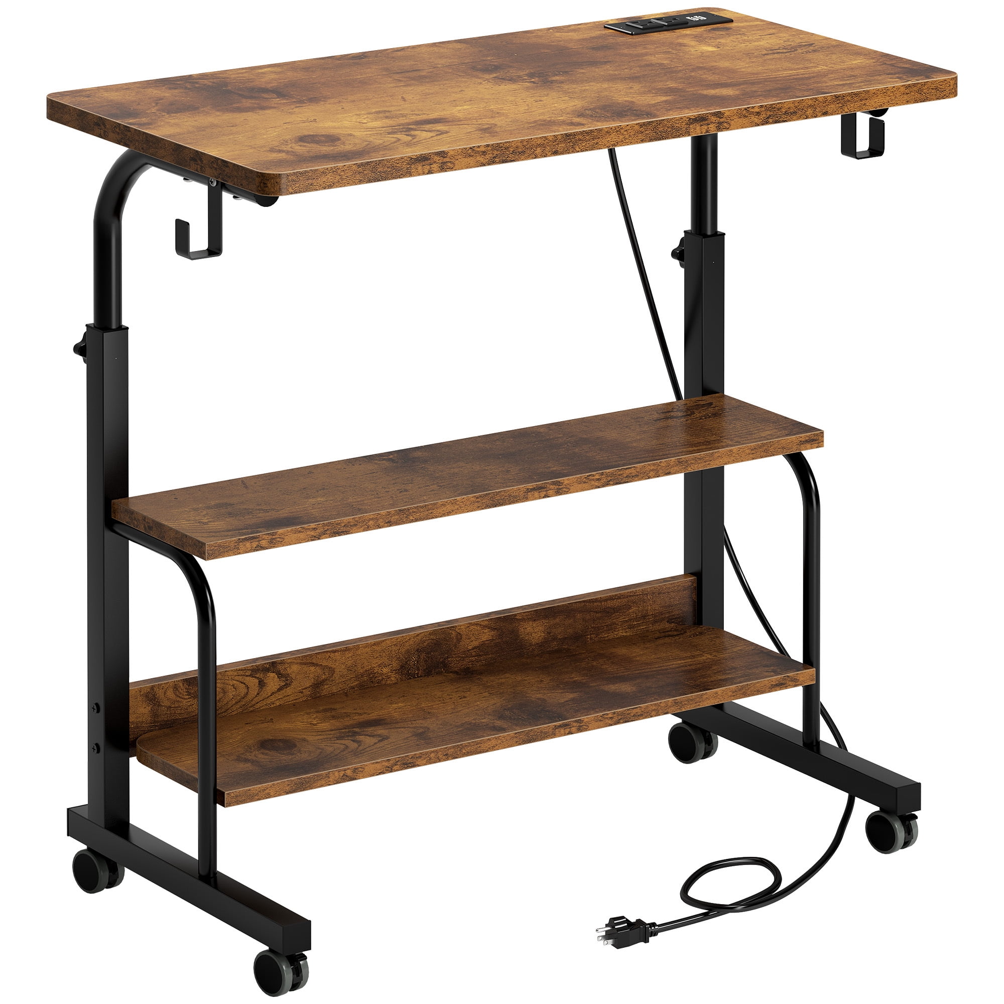 Soges 31.5" Height Adjustable Computer Desk with Charging Station, Adjustable Side Table Movable Laptop Desk with 2 Storage Shelves, Adjustable Desk on Wheels for Home Office, Sofa, Bed, Rustic Brown