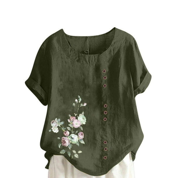 Camisetas de Manga Corta para las Mujeres Impreso Botón de Manga Corta Camiseta Blusa Poliéster, Ropa Casual Mirar Superior para las Mujeres