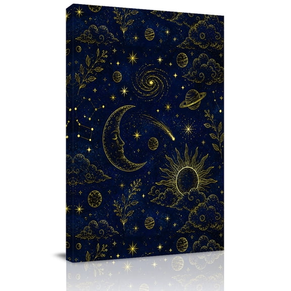 Canvas Wall Art, Blue Yellow Abstract Framed Canvas Prints for Bedroom Bathroom, Mystical Moon Sun Star Botanical Gallery Wrapped Wall Decor for Home Office, Gifts, 11"x14" Ship Next Day