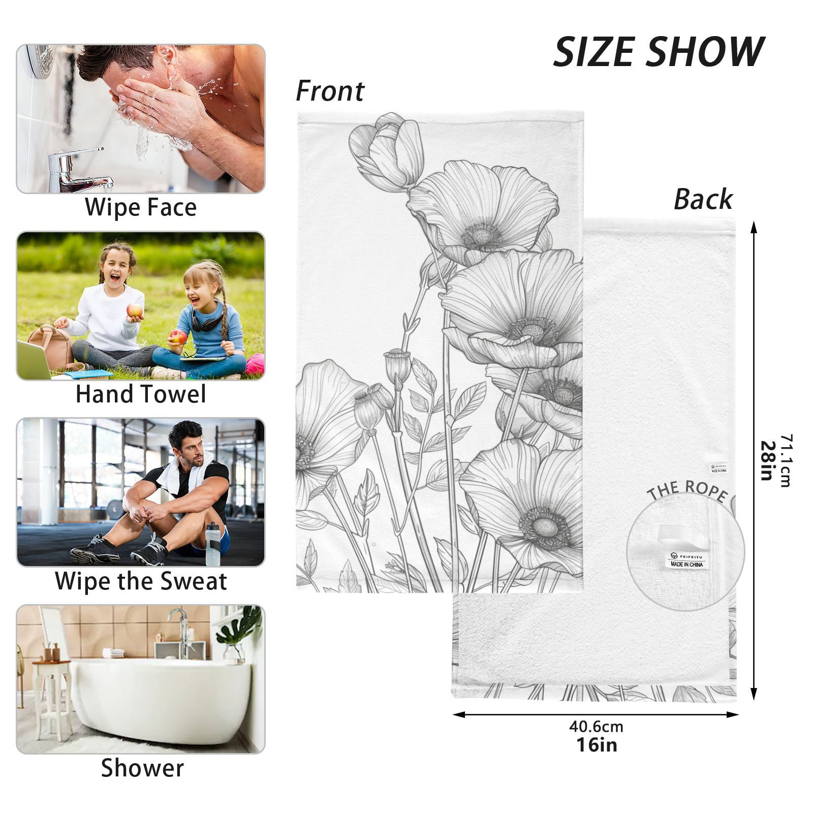 Line Flowers Hand Towels Cotton Bath Towels Large Face Towels Absorbent for Bathroom 2 Packs