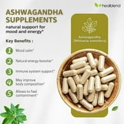Healblend Ashwagandha Supplement with Black Pepper Extract - Supports Stress Relief, Immune, Energy, Stamina - 60 Capsules