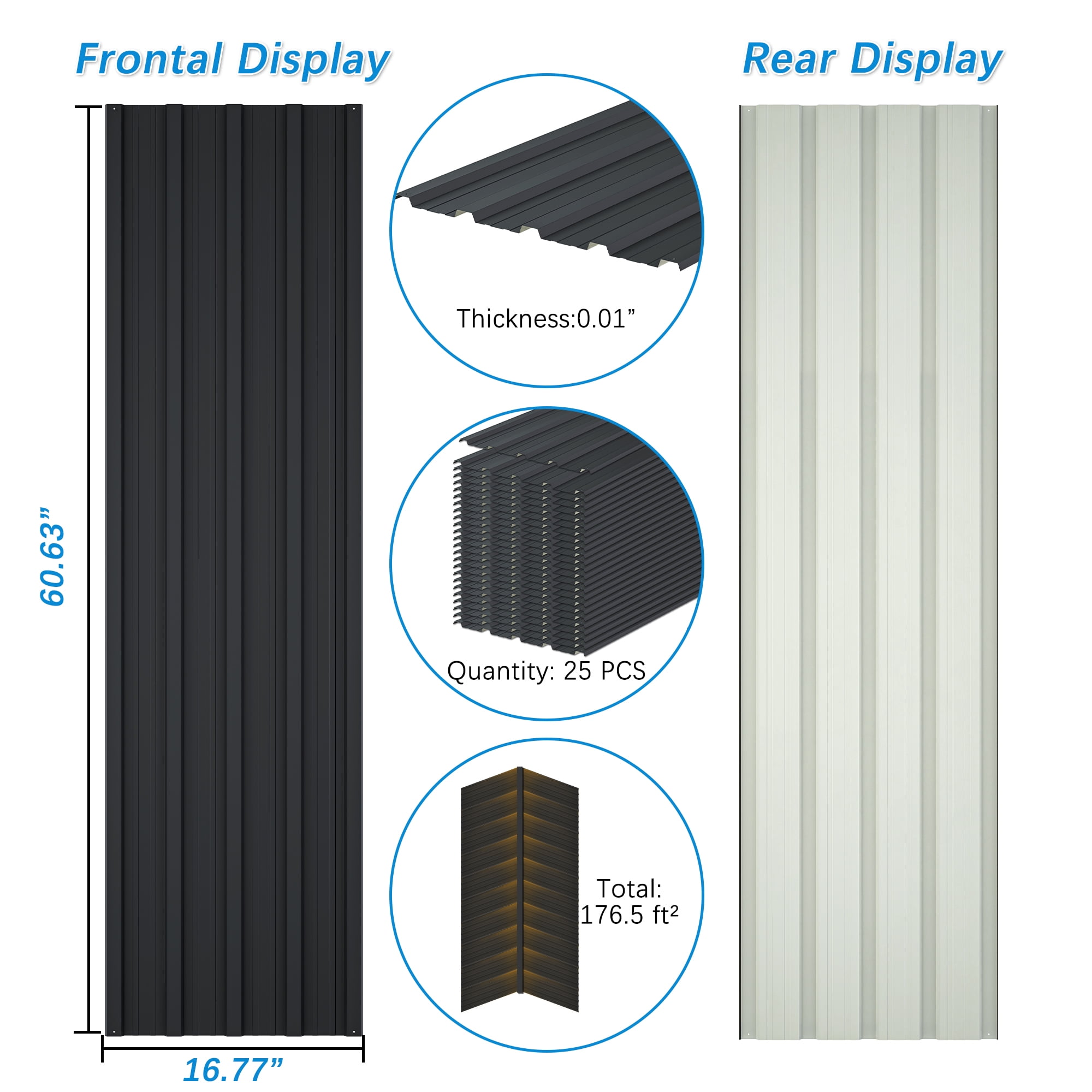 25 pcs Metal Roof Panels 176.5 ft² Galvanized Steel Corrugated Tin Roofing Panels Gazebo Top Cover Sheds, Garages, Stables and Mobile Homes Replacement for Patio Outdoor Garden, Black