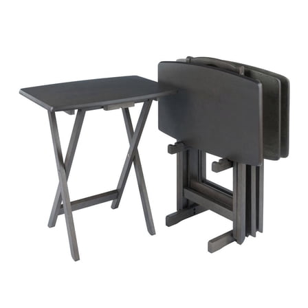 FurniFact 5-PC Folding TV Tray Table Set, Black Tables, Solid Wood Storage Rack