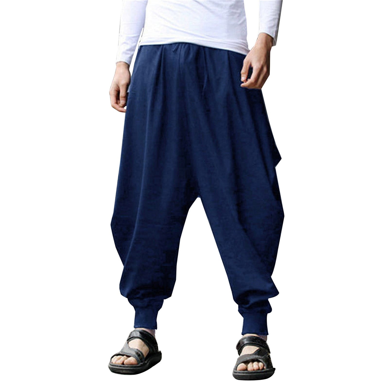 Men's Solid Color Cotton Linen Harem Pants Loose Wide Leg Elastic Waist  Lace-up Pants Casual Beach Yoga Trousers 