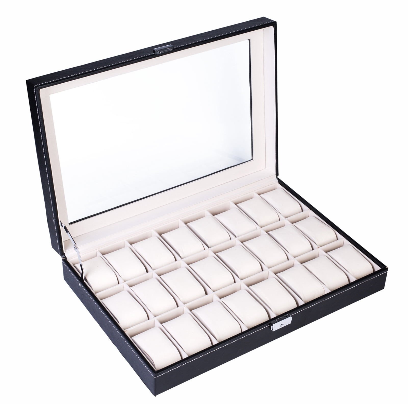 Leather Watch Collection Box 24 Compartments Top-level Opening Style, Black