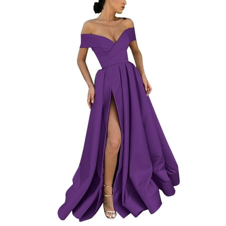 Blphud Formal Shoes for Women Formal Dresses for Women Floor Length Cocktail Ladies Temperament Retro Summer Cocktail V Neck Wedding Fit Plain Women Semi Formal Dresses Purple XXXL