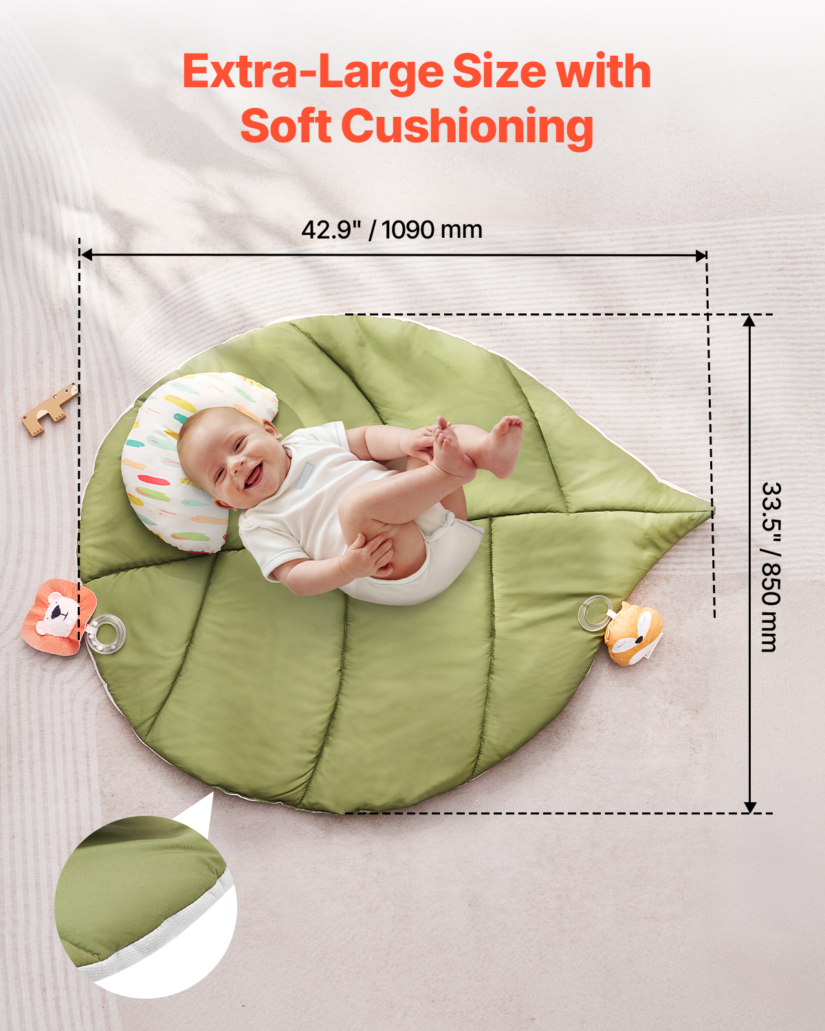 VEVOR Baby Play Gym Mat, Baby Activity Mat with 6 Sensory Toys, Oversize Leaf-Shaped Tummy Time Mat for 0-18 Months Newborn Infant, Baby Essential Gift for Motor Skills & Early Cognitive Development