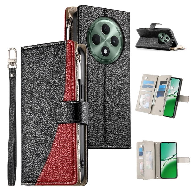 Funda cartera GANGXUN para OPPO Reno 12F , cuero PU con tarjetero, cremallera, correa de mano, soporte y protección 667°