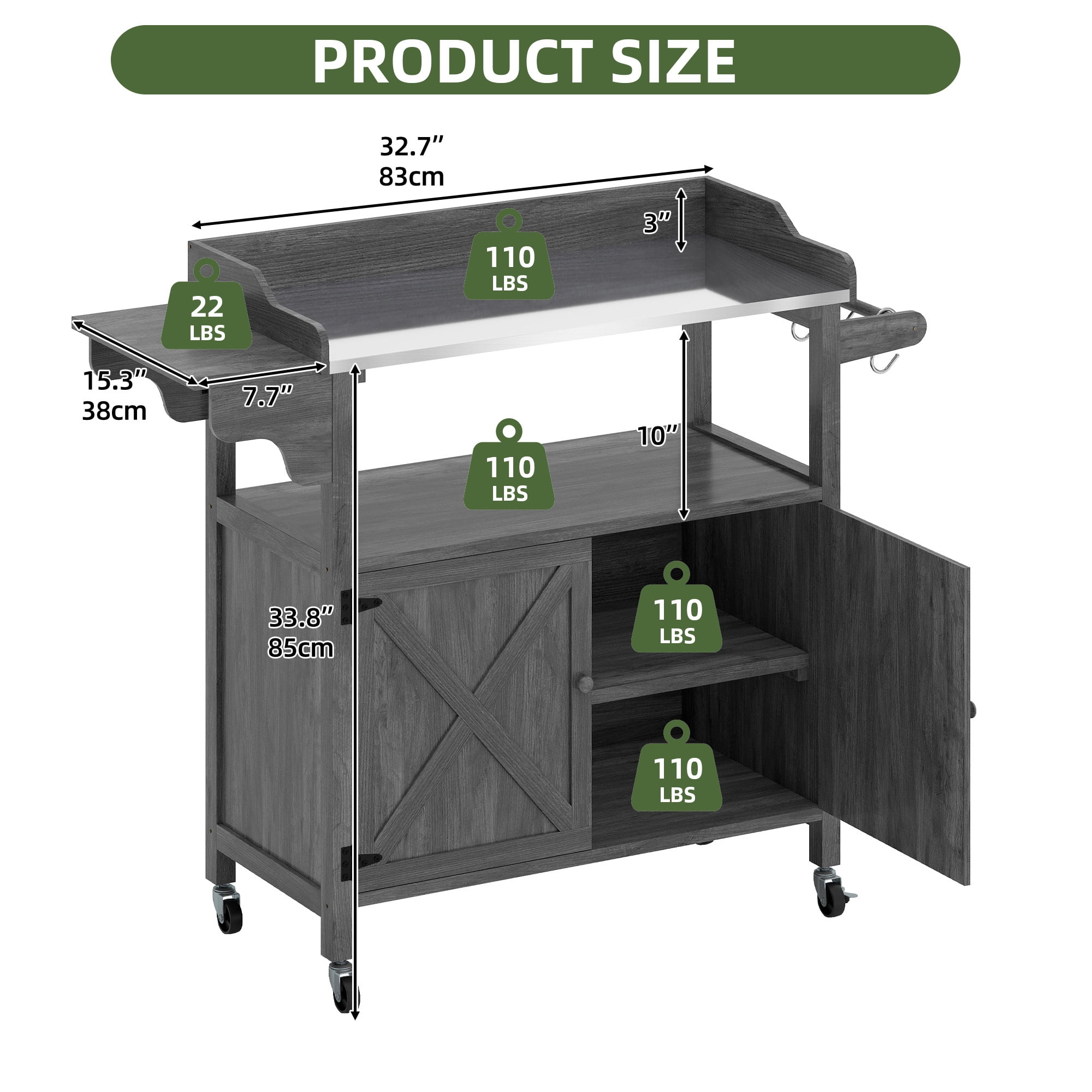 Uforic Outdoor Potting Bench Table, Planting Work Bench with Galvanized Metal Tabletop, Foldable Side Panel, 4 Casters, Adjustable Shelf, Garden Workstation for Patio/Backyard, Gray