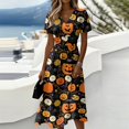 thumbnail image 3 of Halloween Costume Dresses for Women Short Sleeve V-Neck Halloween Print Casual Dress for Halloween Parties, Cosplay, Trick or Treat Saffron B L, 3 of 5