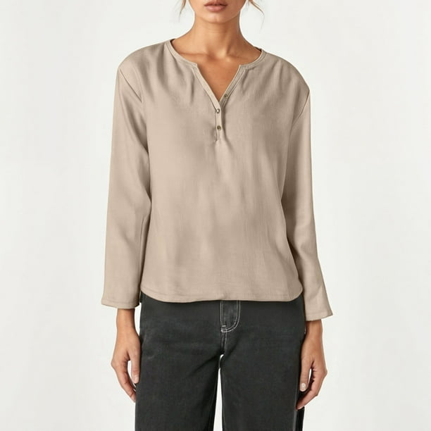 MHFRRA Camiseta Informal de Manga Larga con Cuello En V y Estampado Liso Beige