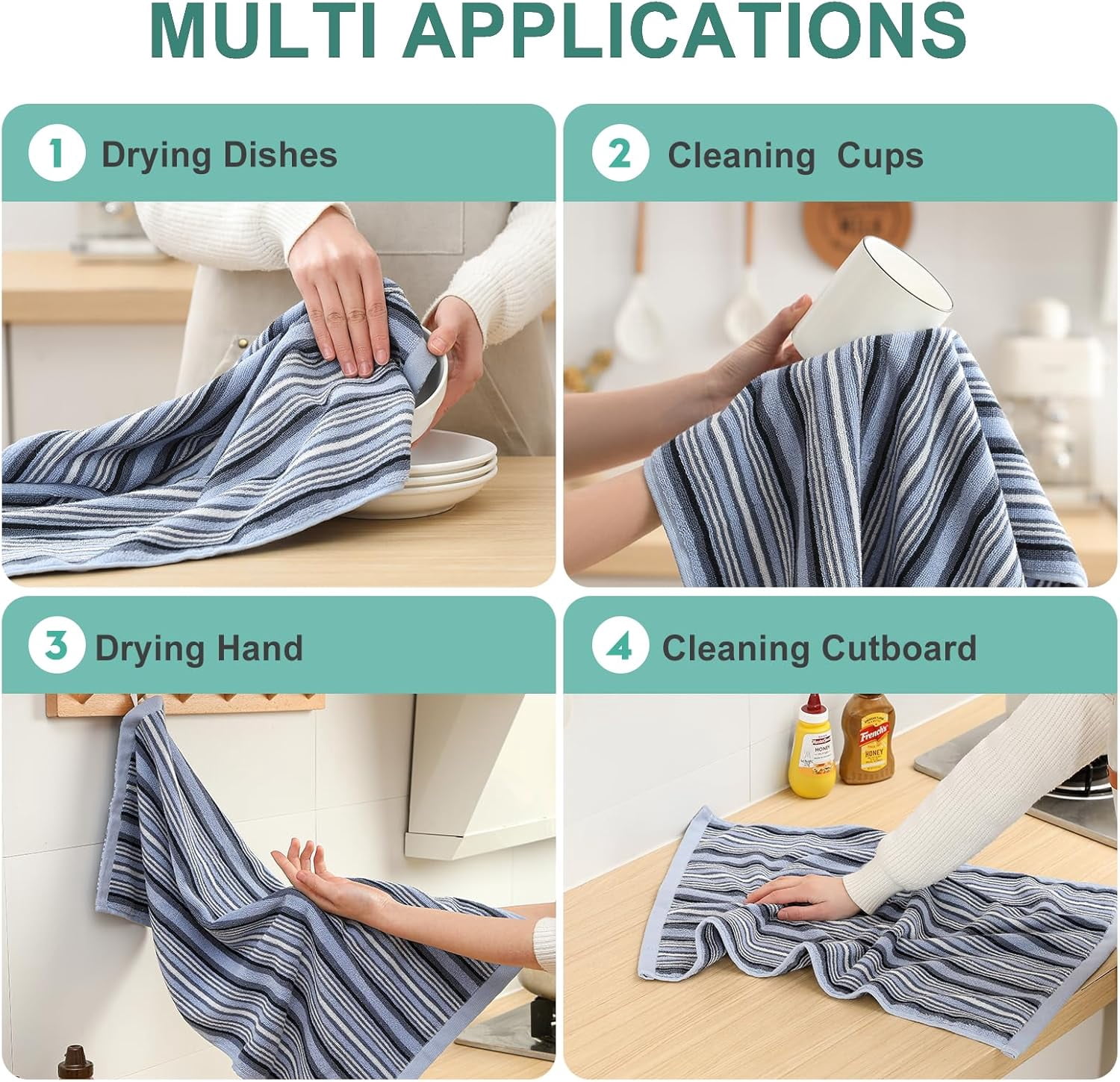 KitchenKey Premium Cotton Kitchen Dish Towels for Drying Dishes,Large Long Kitchen Hand Towels, Thick Highly Absorbent Dish Clothes Tea Towel Sets with Hanging Loop, 16" X 26", 4 Pcs, Blue