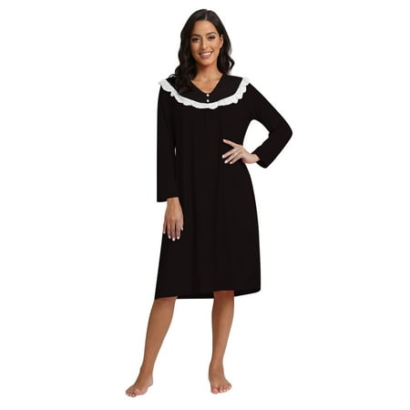 

Valcatch Women s Court Style Nightdress Long Sleeve Lace Panel Sleep Skirt Loose Comfy Pajamas