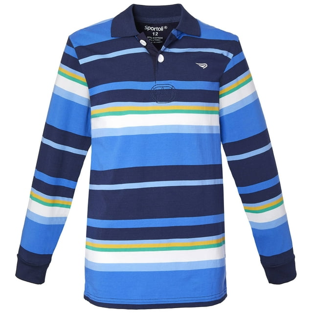 Boys Cotton Striped Long Sleeve Polo Rugby Shirt - Blue Stripes - Size 12