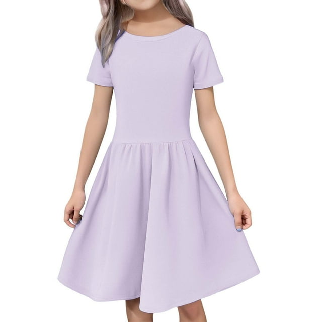 XIMIN Robe d'Été Décontractée pour Filles à Manches Courtes, Col Rond, Ligne A, Fluide, Midi, Robe Soleil pour l'École, Fête, Plage, Vacances, Tenue Quotidienne (Violet, 4-5 Ans)