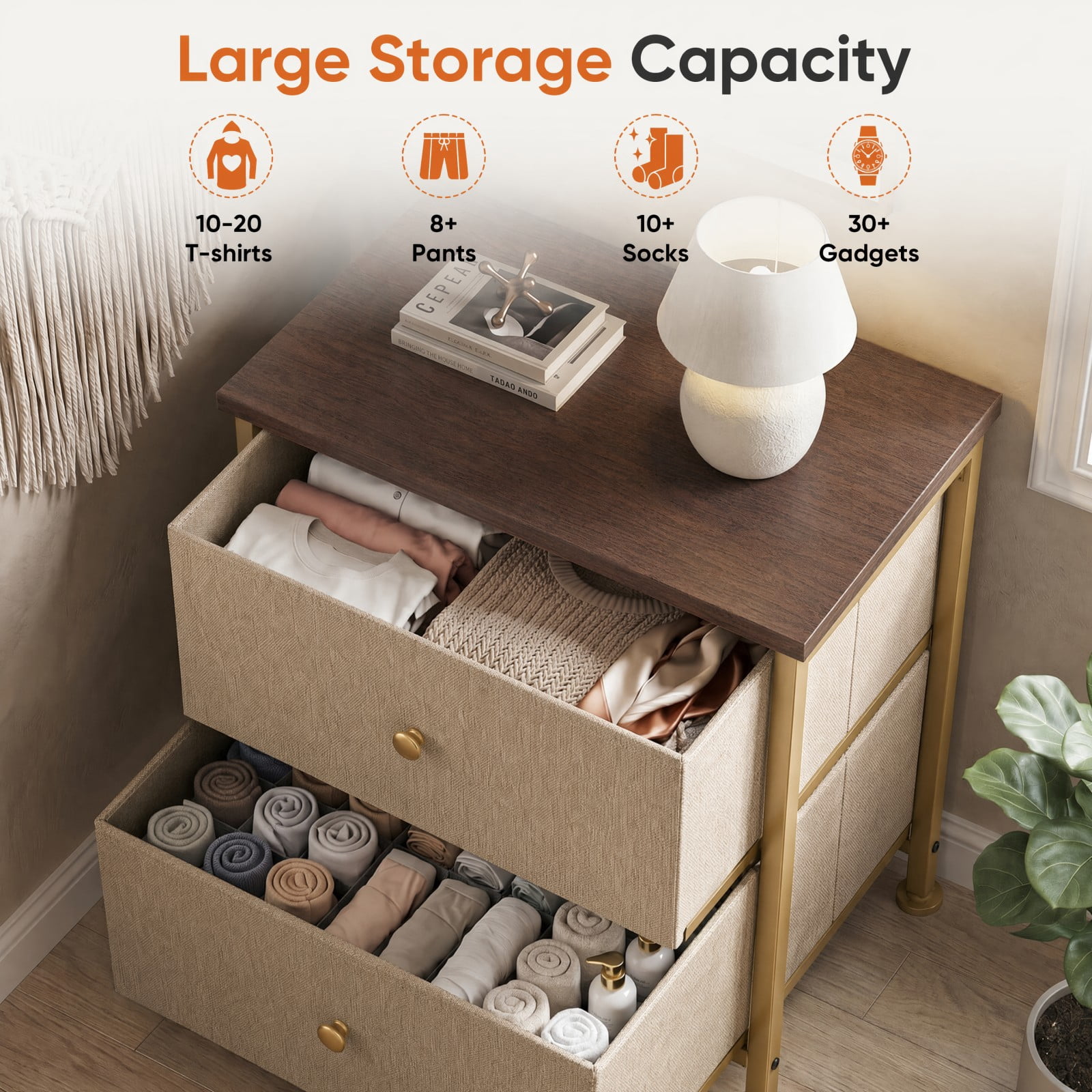 Telyra Fabric Nightstand with 2 Drawers 20" Bedside Table with Wood Top and Steel Frame Small Storage Organizer, Khaki
