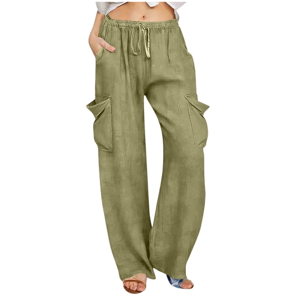Pantalones de Vestido de Cintura Elástica para Mujeres Color Sólido Suelto Elástico Cordón de Cintura Pantalones de Pierna Recta de Bolsillo Grande