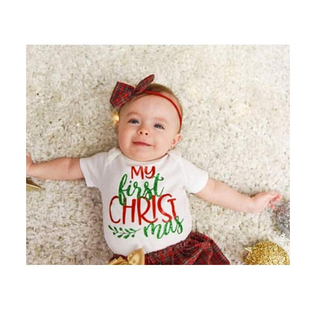 Oklady My First Christmas Baby Boy Outfit Printed Romper Top Red Plaid Pants with Hat 3Pcs Christmas Clothes