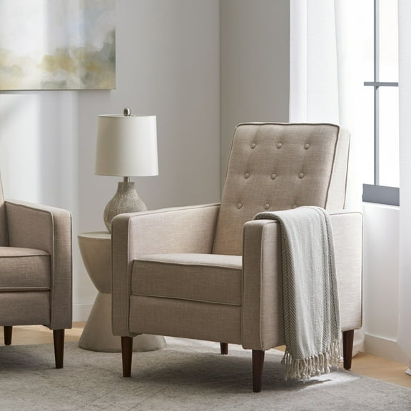 Mid-Century Modern Fabric Lounge Chair, Push-Back Upholstered Chair with Tufted Back and Wooden Legs, Suitable for Living Room, Bedroom, Office (White)