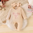 thumbnail image 2 of FINALGANG Baby Girls Crew Neck Long Sleeve Waffle Knit Letter Bow Embroidery Side Ruffle Jumpsuit Big Bow Headband Two Piece Outfit Sets Cozy Sets 3-6 Months, 2 of 5