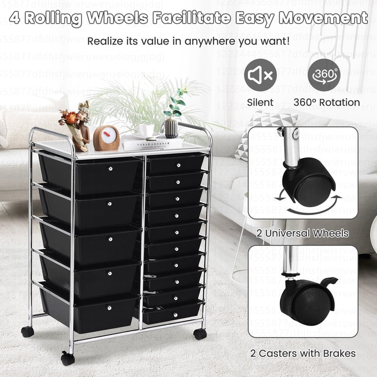 Costway 15 Drawer Rolling Storage Cart, Black photo 6