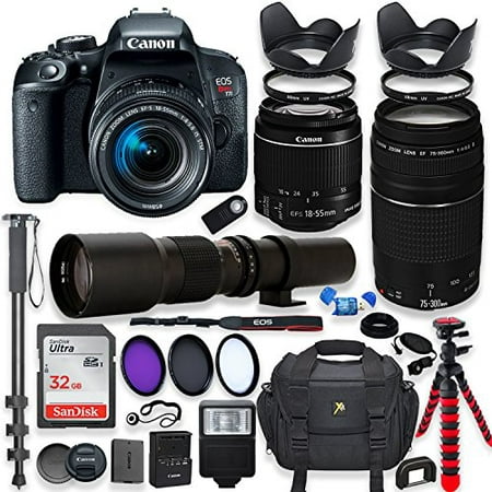 Canon EOS Rebel T7i DSLR Camera with 18-55mm STM Lens Bundle + Canon EF 75-300mm f/4-5.6 III Lens and 500mm Preset Lens + 32GB Memory + Filters + Monopod + Spider Tripod + Professional