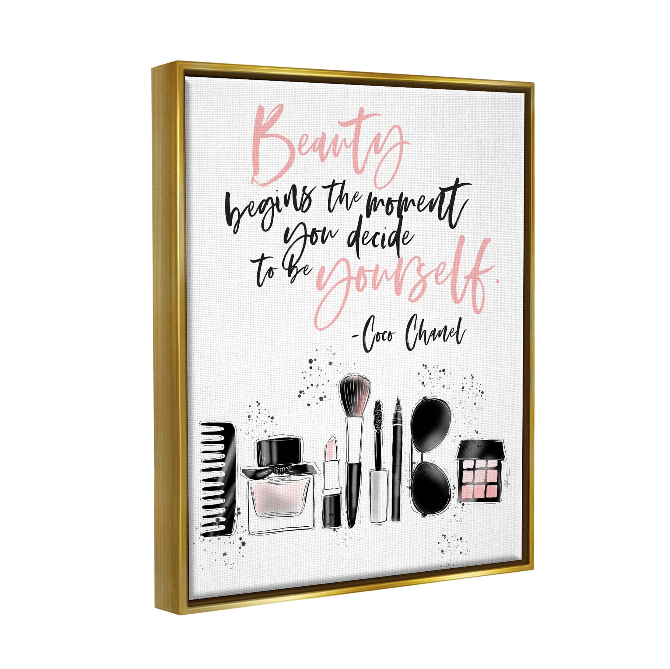 Stupell Industries Beauty Begins Uplifting Fashion Quote Graphic Art Metallic Gold Floating Framed Canvas Print Wall Art, Design by Alison Petrie