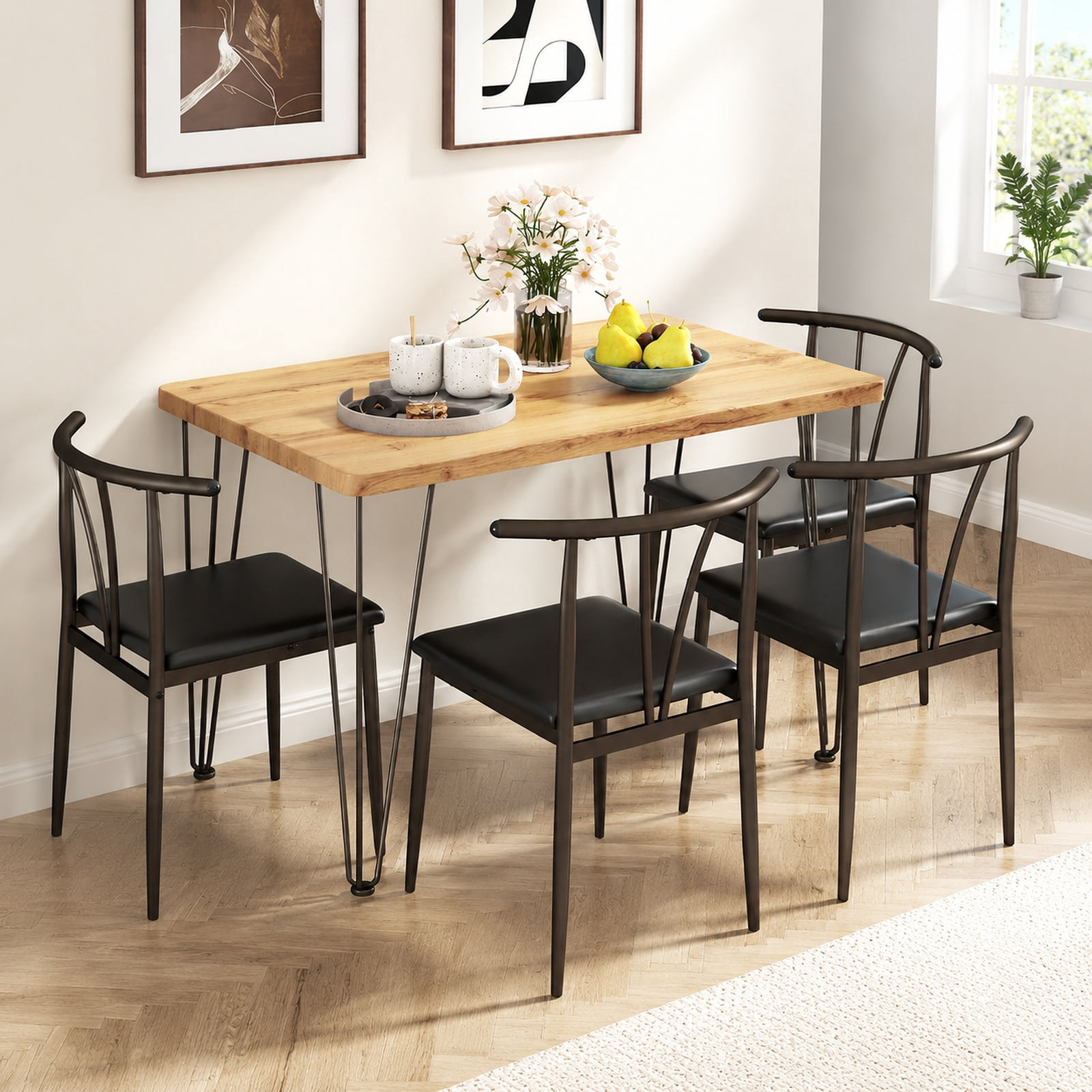 Furnibear 5 Piece Space Saving Industrial Dining Table Set for 4 with Armless PU Leather Chairs and Metal Legs for Kitchen, Black
