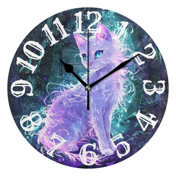 Growing White Cat Wall Clock 10 inch Non-Ticking Easy to Read Decorative Clocks for Home Bedroom Living Room