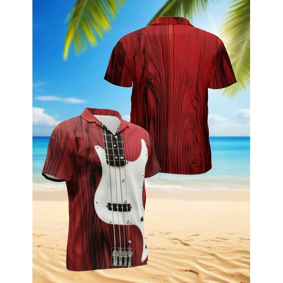 Bass Guitar Hawaiian Shirt for Men, Button Down Summer Beach Short Sleeve, Vintage Style, Sizes S-5XL