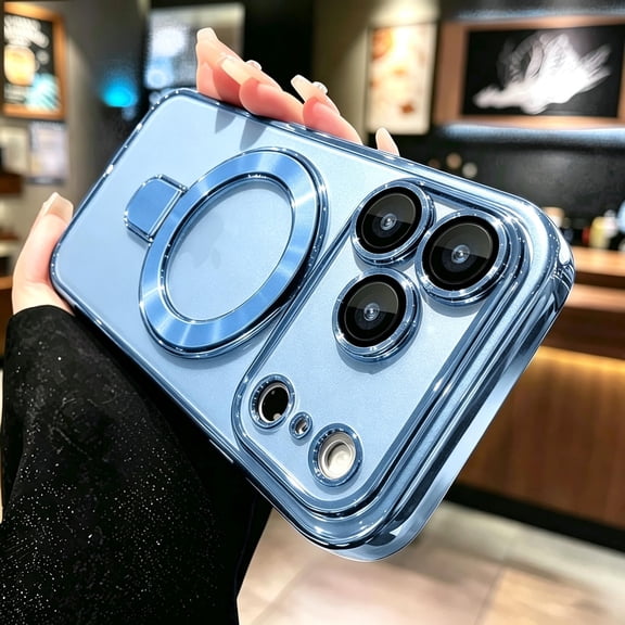TECH CIRCLE Magnetic Case for iPhone 18 Pro,Shockproof TPU PC Clear Case Electroplated Frame Ring Holder Kickstand Compatible with MagSafe Built-in Camera Lens Protector Cover,Skyblue