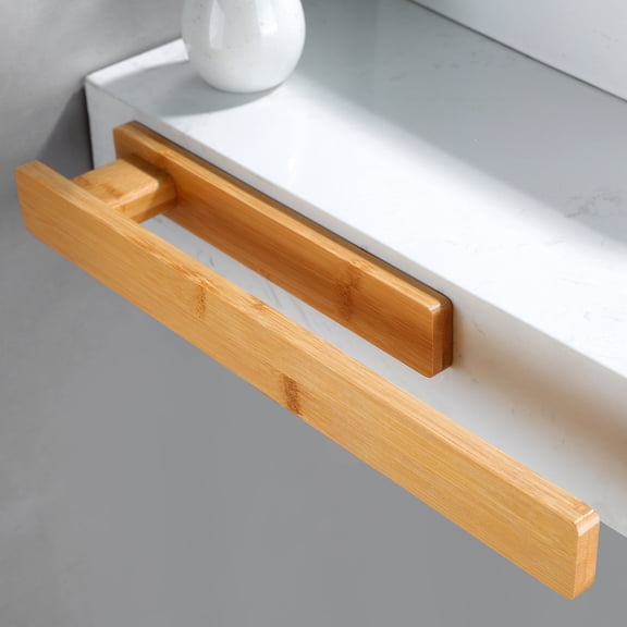 YIGII Towel Holder Adhesive Bathroom Towel Bar Bamboo Hand Towel Stand Wooden No Drilling