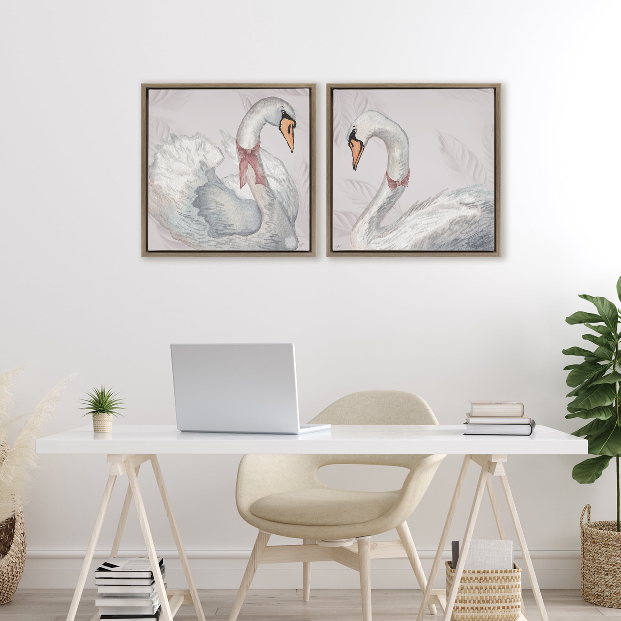 Stupell Industries Classic & Elegant Swans 2 Piece Brown Framed Floater Canvas Set, design by Elizabeth Medley