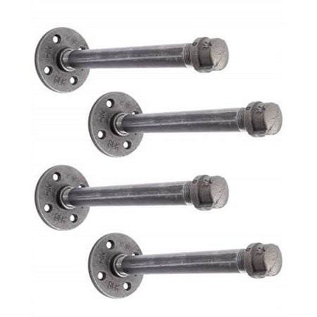 rustic pipe decor industrial shelf brackets - set of four, industrial steel grey fittings, flanges, pipes for custom floating shelves, vintage furniture decorations, wall mounted diy bracket, 8 inch