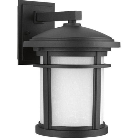 

Wish Collection 1-Light Textured Black Etched White Linen Glass Craftsman Outdoor Medium Wall Lantern Light