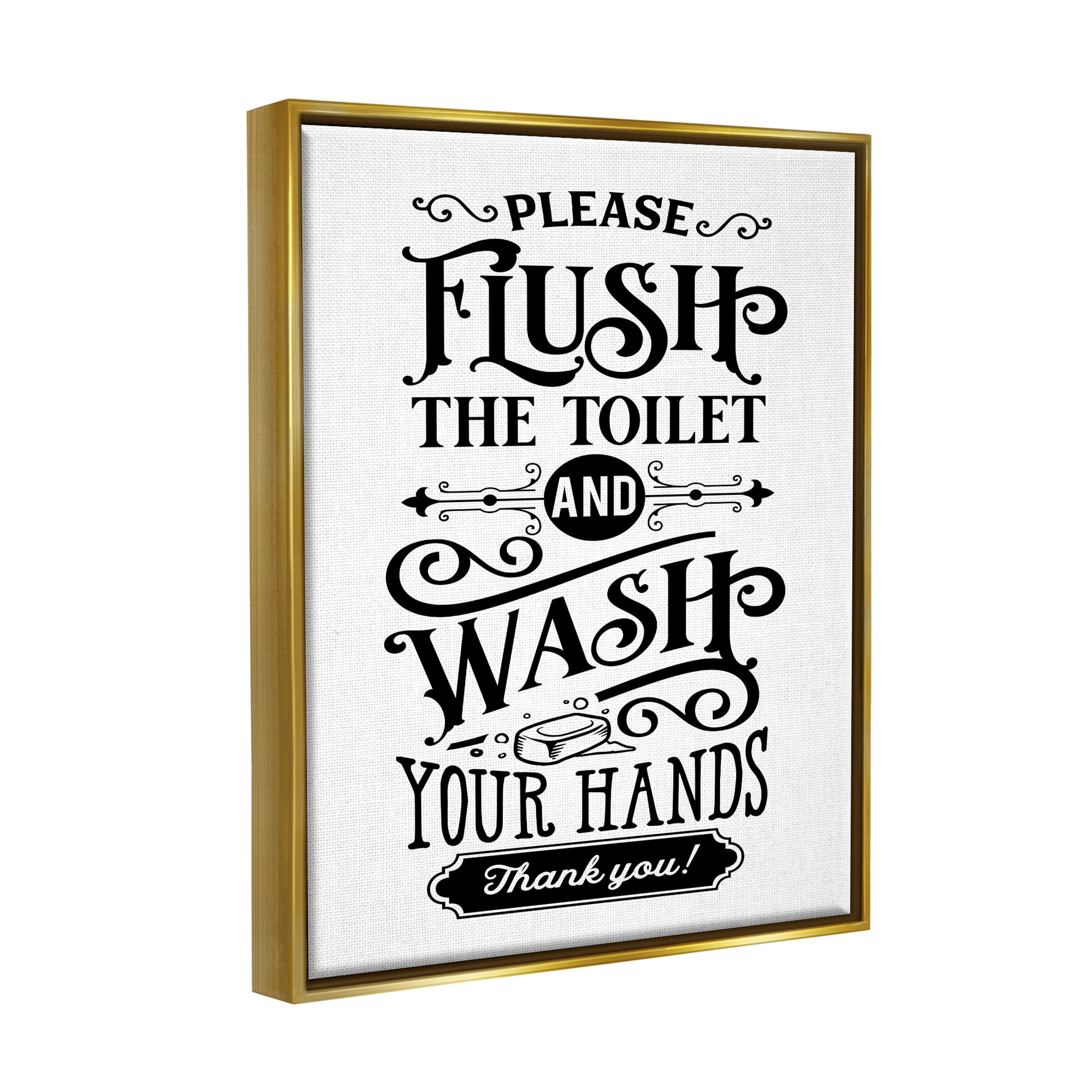 Stupell Industries Flush & Wash Hands Vintage Style Text Typography Graphic Art Metallic Gold Floating Framed Canvas Print Wall Art, Design by Lettered and Lined