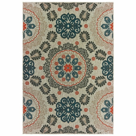 3' x 5' Grey Blue Machine Woven Floral Indoor or Outdoor Area Rug