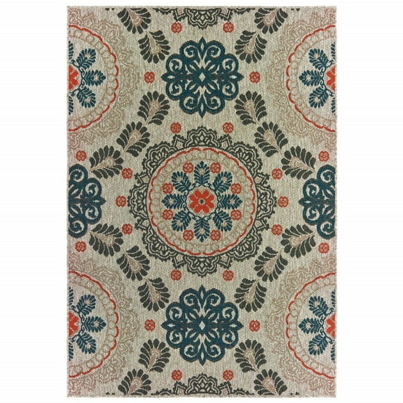 homeroots outdoors 388349 5' x 7' Grey Blue Floral Indoor Outdoor Area Rug