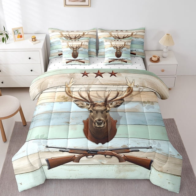 YST 7-Piece Deer Hunting Comforter Set, Queen Size – Vintage Pink Blue Lodge Cabin Rustic Antler Bedding