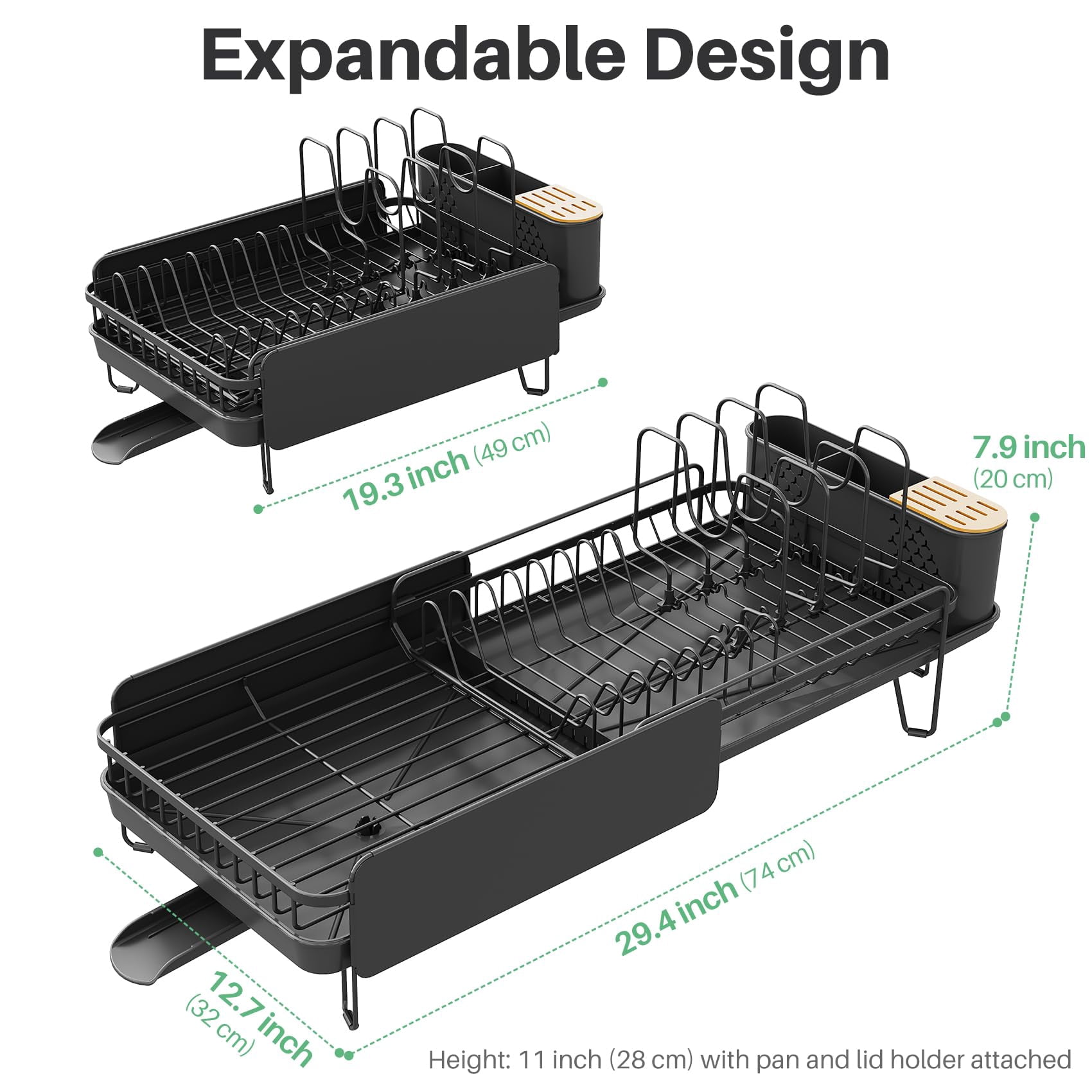 Dish Drying Rack Black Stainless Steel Expandable for Kitchen Counter