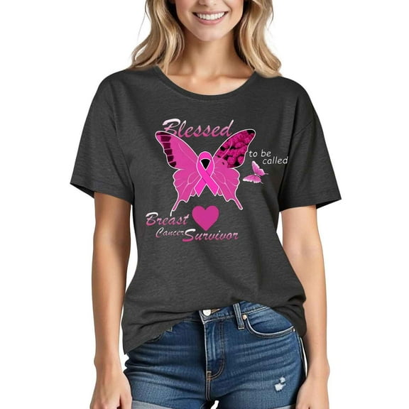 Busydd Pink Ribbon T Shirts for Women Inspirational Breast Cancer Awareness Graphic Tees Casual Comfy Short Sleeve Round Cotton Tshirts Shirts for Women L