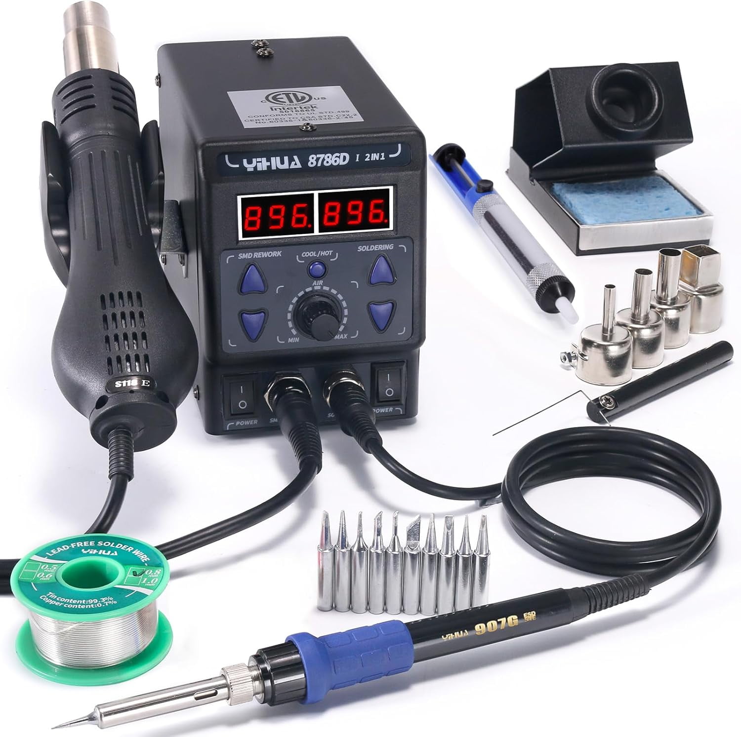 8786D I 2 in 1 Hot Air Rework and Soldering Iron Station with F /C, Cool/Hot Air Conversion, Digital Temperature Correction and Sleep Function