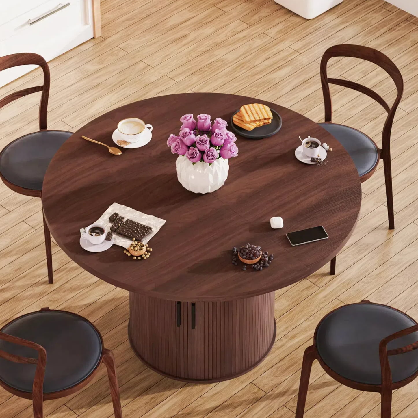 Hommpa 48" Round Dining Table with Storage, Morden Kitchen Table Wood for 4 with 2-Layer Storage Shelves and Wood Slide Door for Kitchen for Party Holiday Festival Christmas Gift, Brown