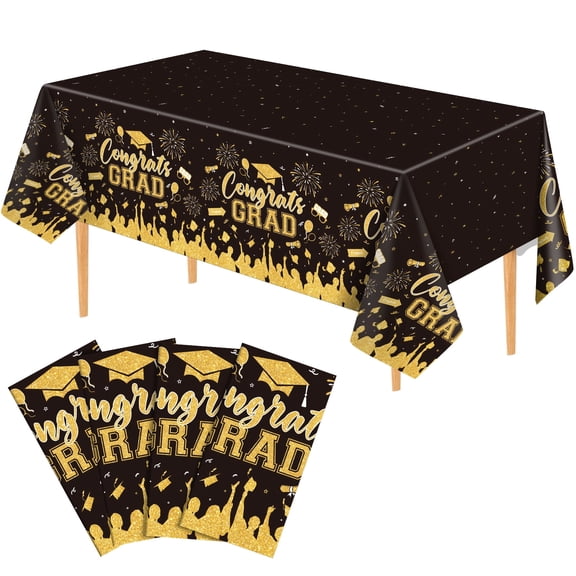 4 Pack Plastic Graduation Tablecloth, 2026 Gongrats Grad Table Cloths Graduation Party Supplies, Disposable Rectangle Black Gold Table Cover for Graduation Party Decorations, 54x108"